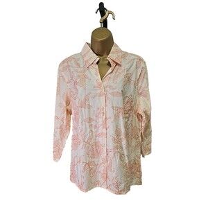 Giselle Apparel Womens Floral Shirt Med Peach Embroidered Casual Cottagecore